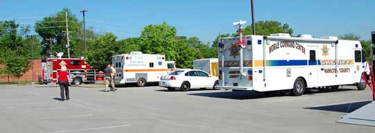 Emergency vehicles parked inthe Diagnostic Center lot during crisis management training for the Healthcare Personnel